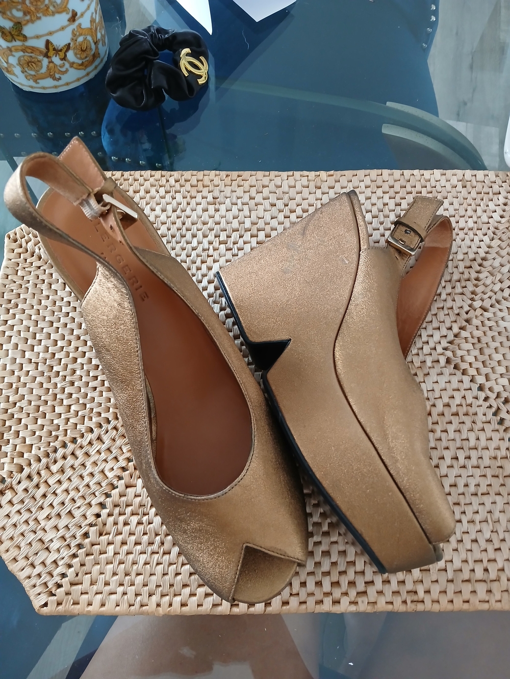 Robert Clergerie Metallic Gold Peep-Toe Slingback Wedges